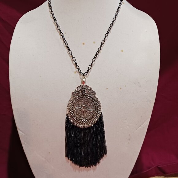 Handmade Black and Dark Silver Tassel Statement Fashion Medallion Necklace - Picture 8 of 8